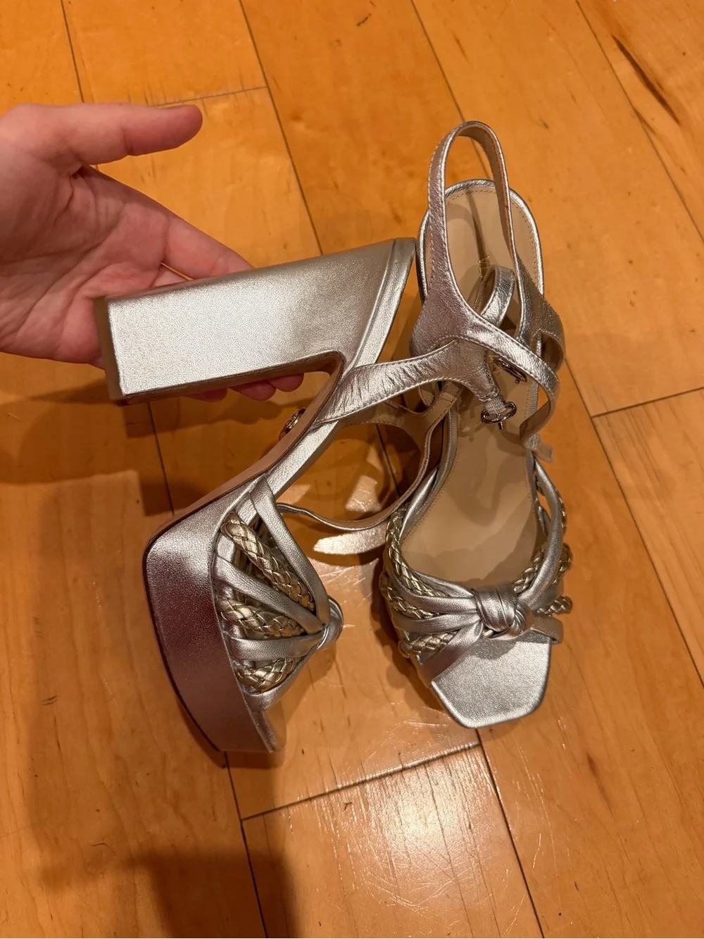 Veronica Beard Silver Braided Knot Platform Sandals